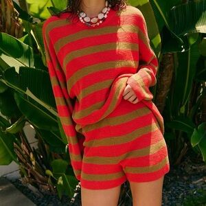 Free People Red Brown striped Malibu surf set